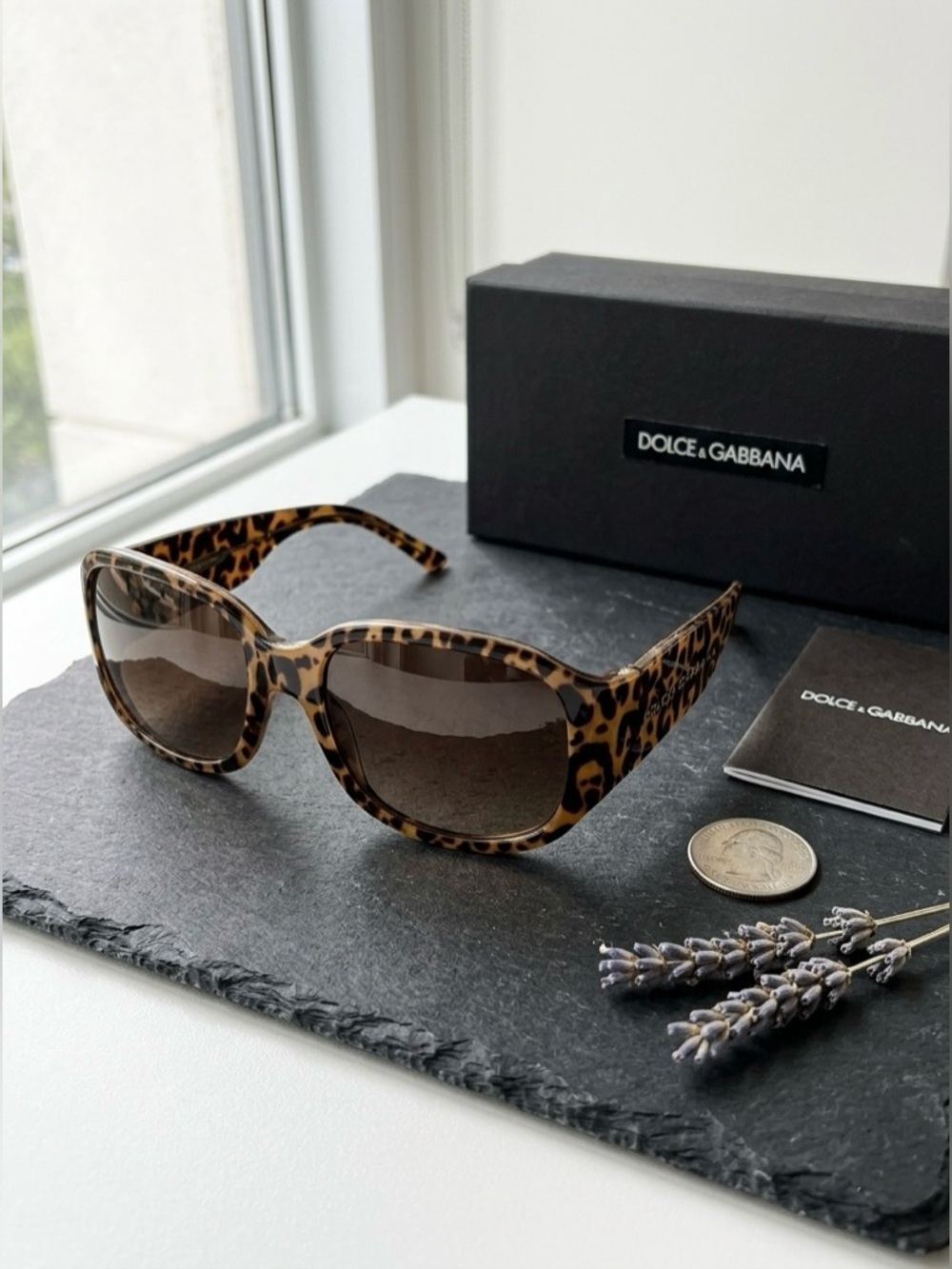 Dolce & Gabbana Leopard Oversized Sunglasses Gold Temple Made Italy w/ Case